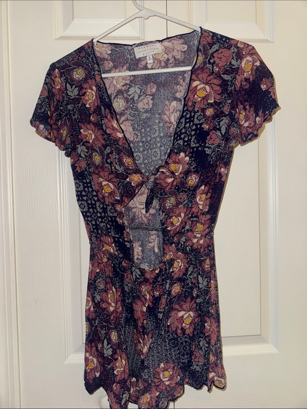 Kendall and Kylie  Floral Tie-Front Romper in Pink and Black